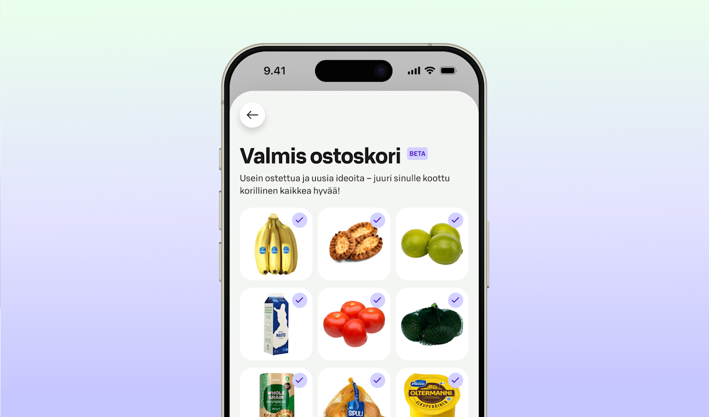 Puhelimen näytöllä näkyy valmis ostoskori, jossa on valittuna erilaisia ruokatuotteita kuten banaaneja, tomaatteja ja maitoa.