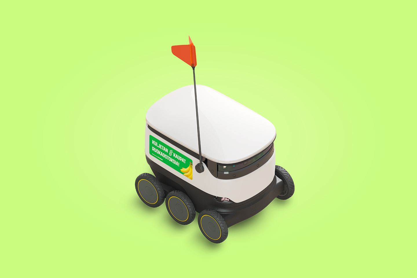 Pieni valkoinen kuljetusrobotti oranssilla lipulla keväisen kellanvihreällä taustalla