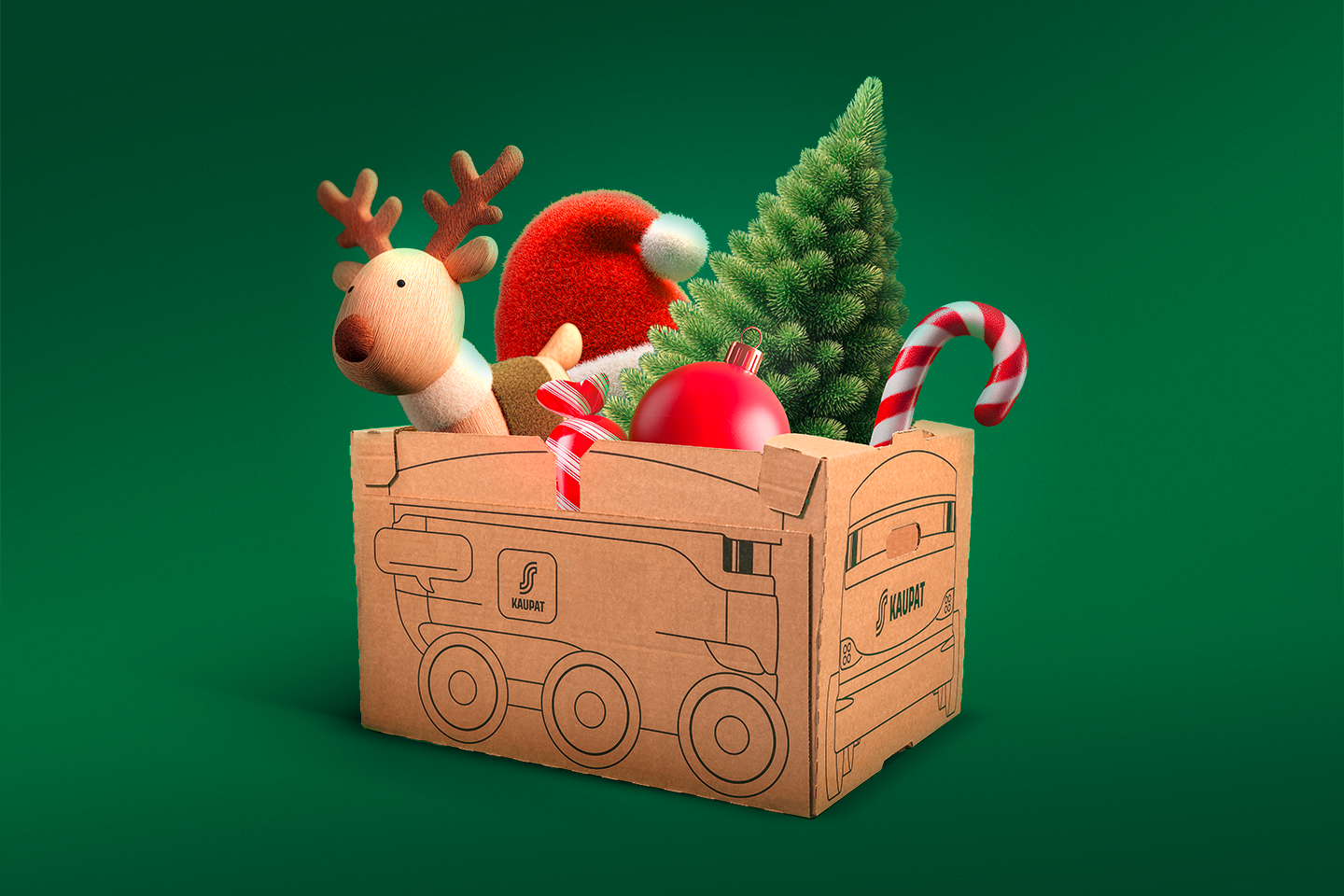 S-kaupat-kuljetuslaatikko täynnä jouluisia koristeita: poro, tonttulakki, joulukuusi, punainen pallo ja karkkikeppi vihreällä taustalla.