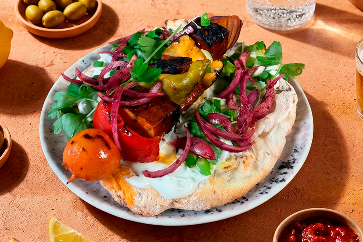 Pinsa täytettynä grillatulla vartaalla, punasipulilla ja yrteillä.