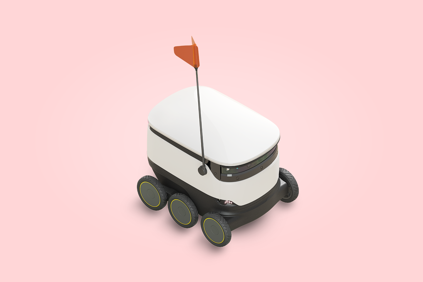 Pieni valkoinen kuljetusrobotti oranssilla lipulla vaaleanpunaisella taustalla