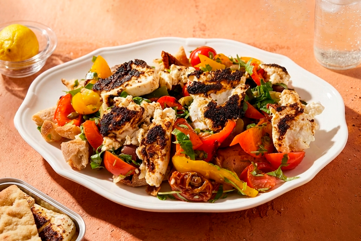 Pinsa feta-panzanella valkoisella lautasella - grillattua fetajuustoa, panzanella-tomaatteja ja paprikoita sekä pinsaa.