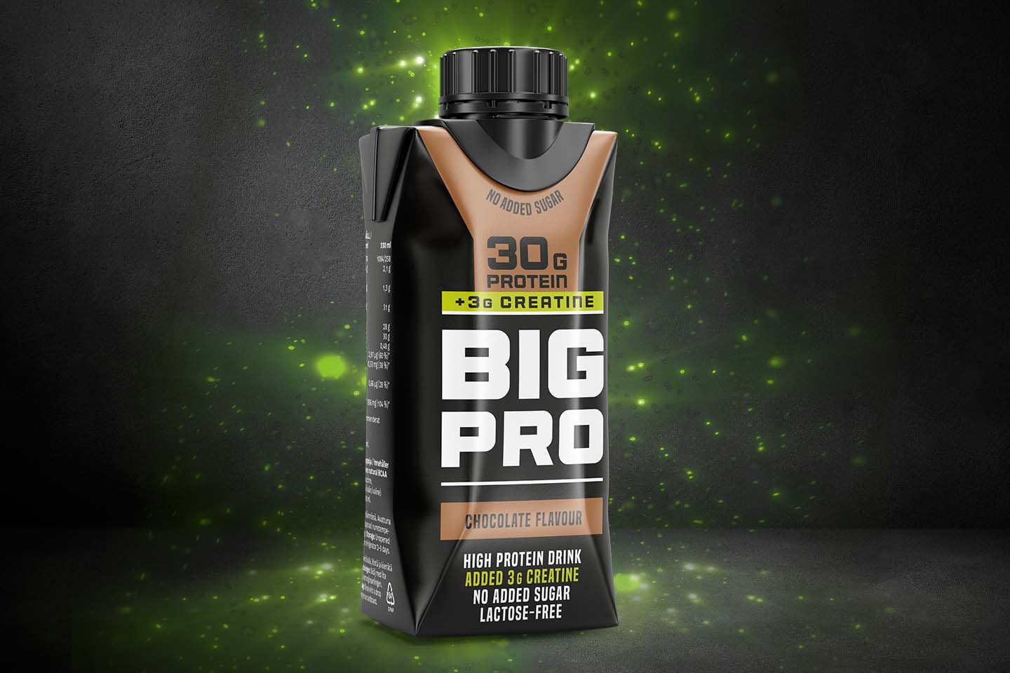 Big Pro -proteiinijuoma suklaan makuisena, mustapakkaus, jossa korostetaan 30 g proteiinia ja 3 g kreatiinia.