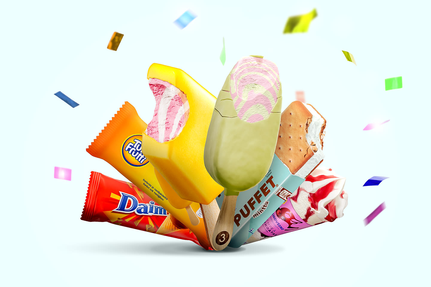 Useita värikkäitä jäätelötuotteita, kuten Tutti Frutti, Daim ja Puffet Minttu, lentää ilmassa konfettien ympäröimänä.