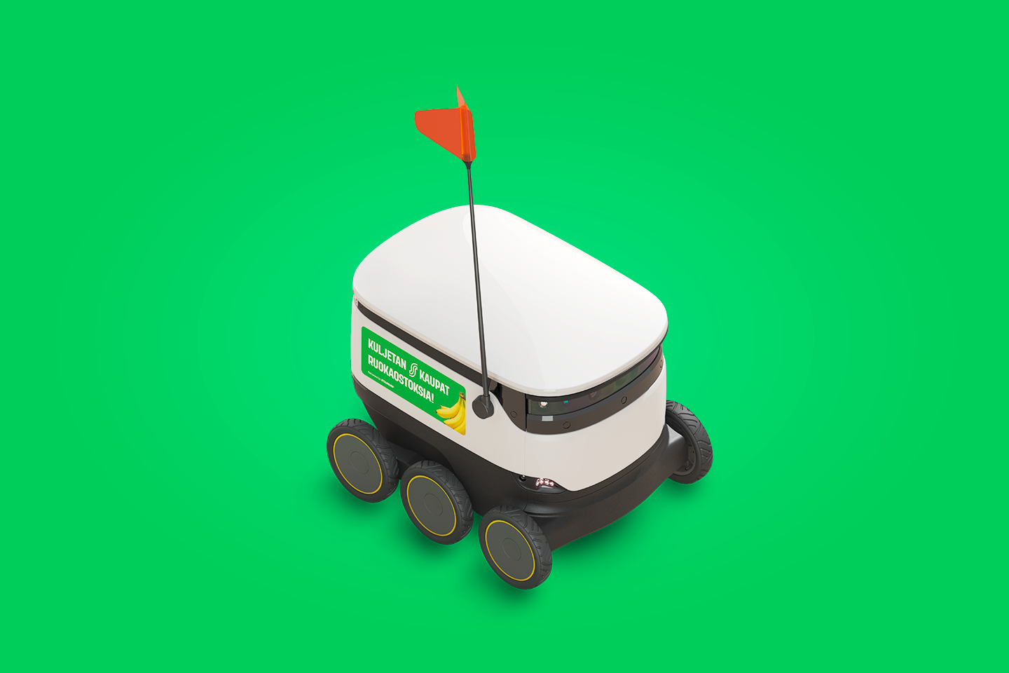 Pieni valkoinen kuljetusrobotti oranssilla lipulla ja kesäisen vihreällä taustalla.