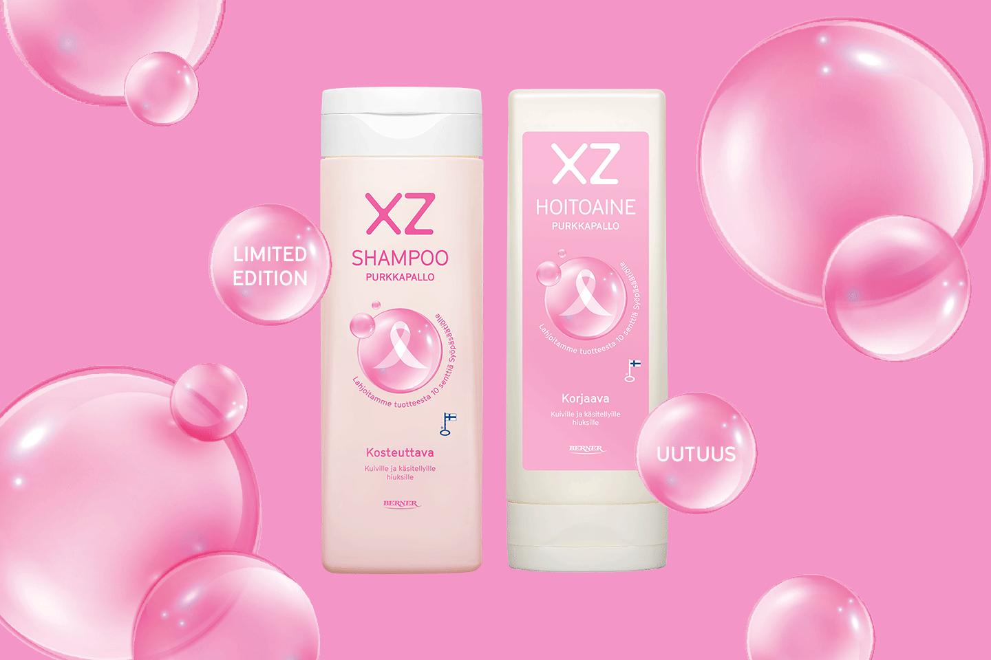Pinkillä taustalla, jossa pinkkejä kuplia shampoo ja hoitoaine pakkaukset.