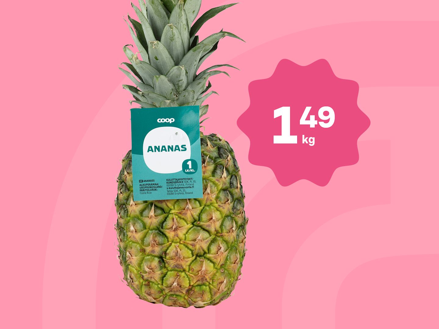 Tuore Coop-ananas vaaleanpunaisella taustalla, hinta 1,49 €/kg punaisessa tähtikuviossa.
