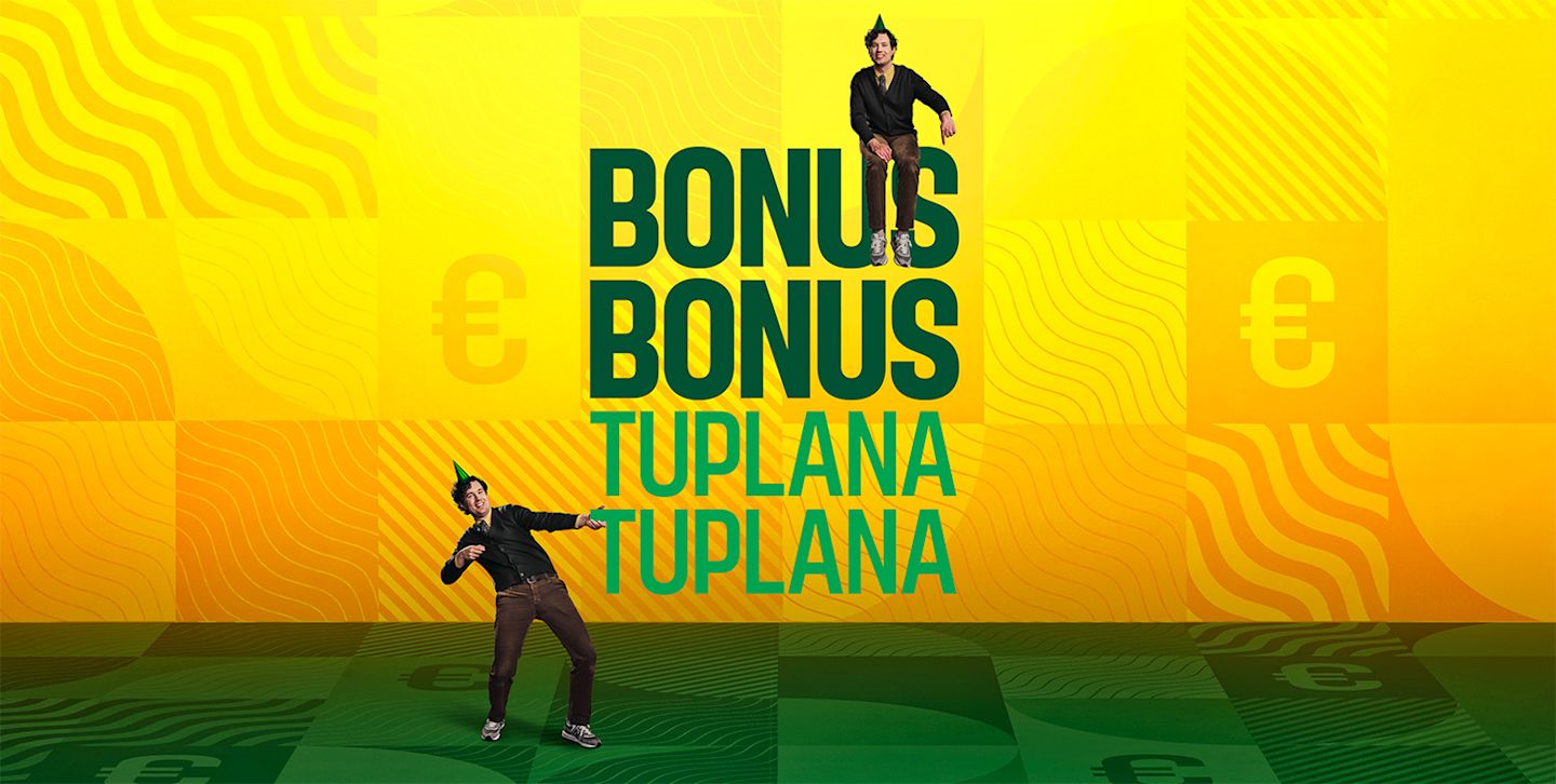 Iloisia henkilöitä juhlatunnelmassa keltavihreällä taustalla, jossa lukee "BONUS BONUS TUPLANA TUPLANA" ja euro-symboleita.