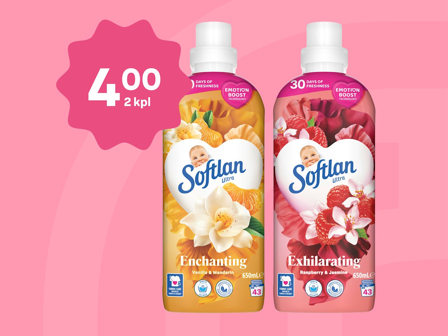Kaksi Softlan-huuhteluainepulloa vaaleanpunaisella taustalla, tarjouksessa 4 euroa kahdesta pullosta.