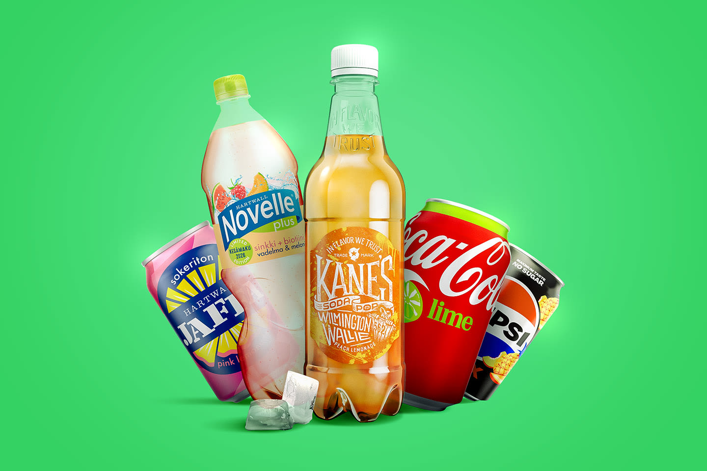 Raikkaita juomia vihreällä taustalla: Novelle Plus, Kane's sitruunalimonadi, Coca-Cola Lime ja muita virvokkeita jääpalojen kanssa.