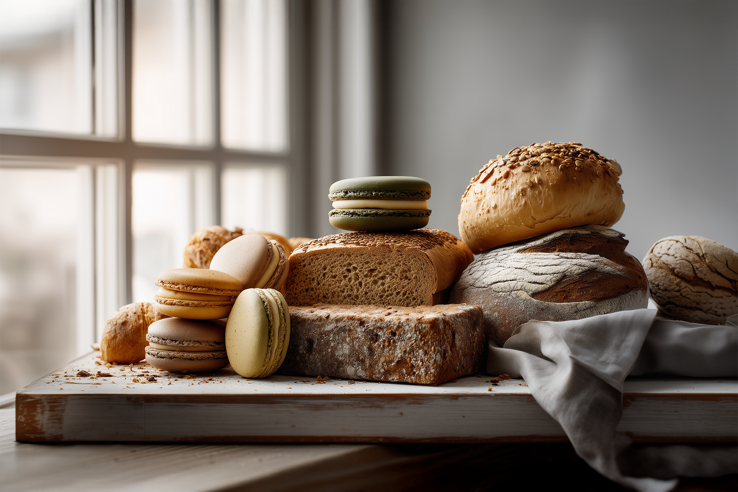 Vaaleaa ja tummaa leipää sekä macarons-leivoksia leikkuulaudalla ikkunan edessä.