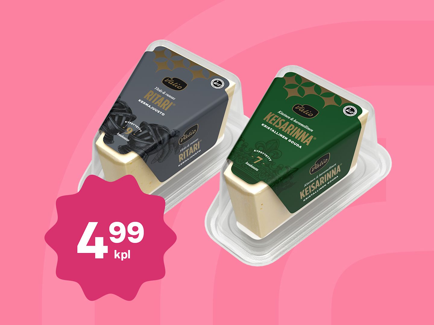 Valion-juustot tarjoushintaan 4,99 € kappale vaaleanpunaisella taustalla.