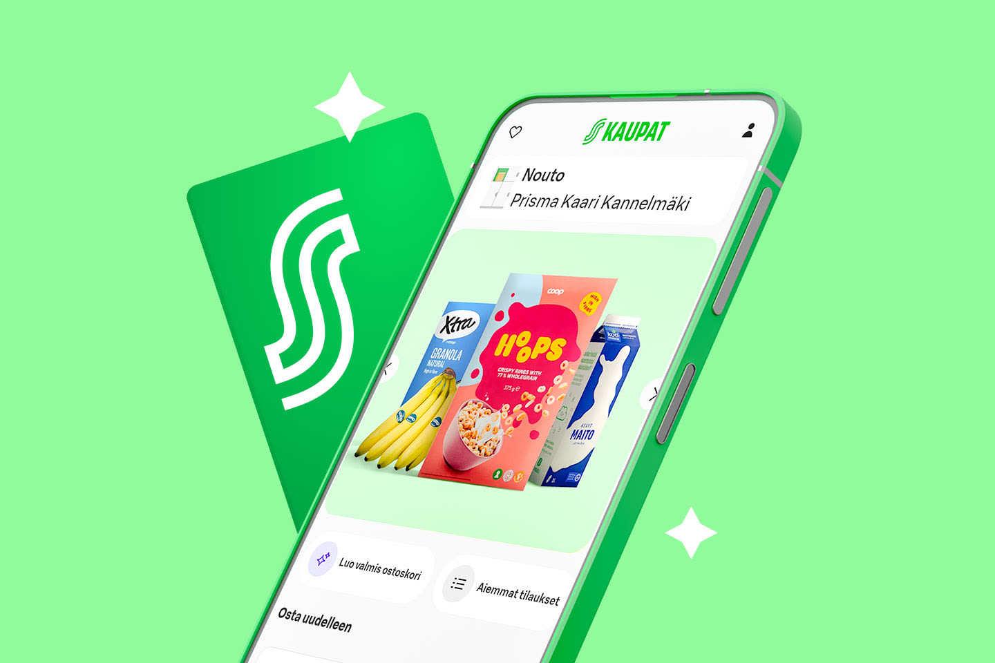 K-Kaupat-sovellus vihreällä taustalla näyttää ruokaostoksia kuten banaaneja, muroja ja maitoa Prisma Kaari Kannelmäen kaupassa.