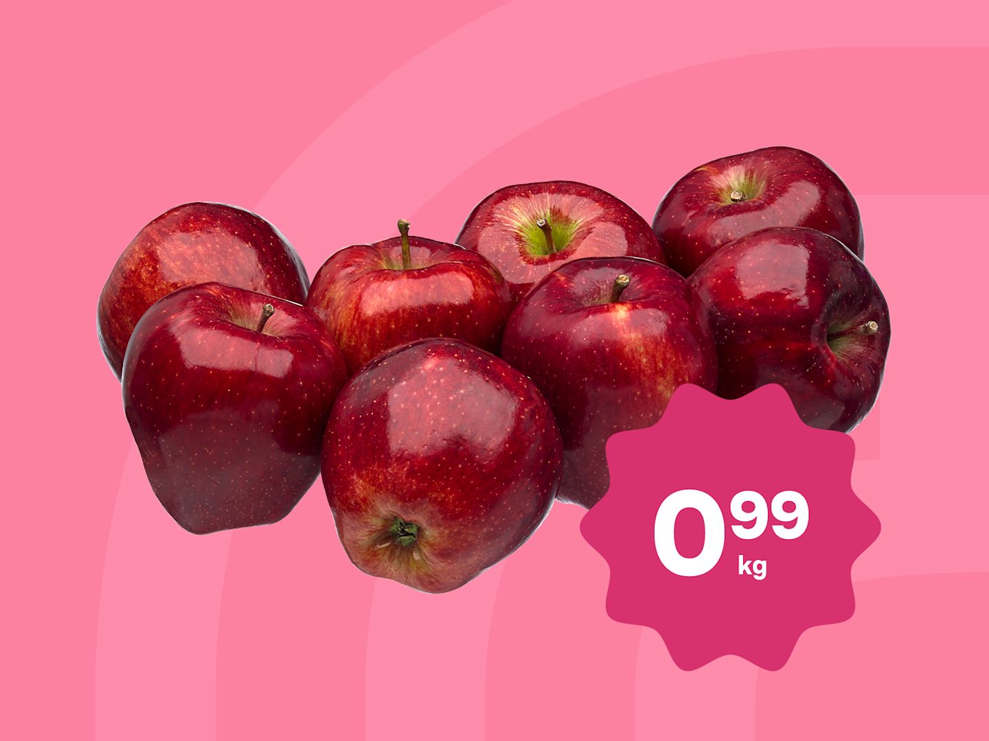 Kiiltäviä punaisia omenoita ryhmässä vaaleanpunaisella taustalla, hintamerkintä 0,99 €/kg pinkissä tähtikuviossa.