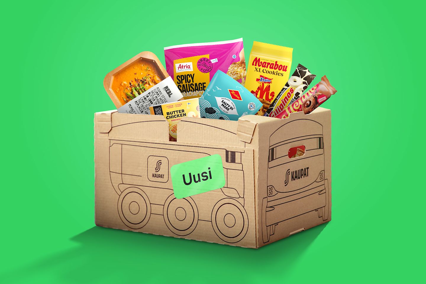 S Kaupat -pahvilaatikko, jossa teksti "Uusi", pursuaa ruokatuotteita vihreällä taustalla.