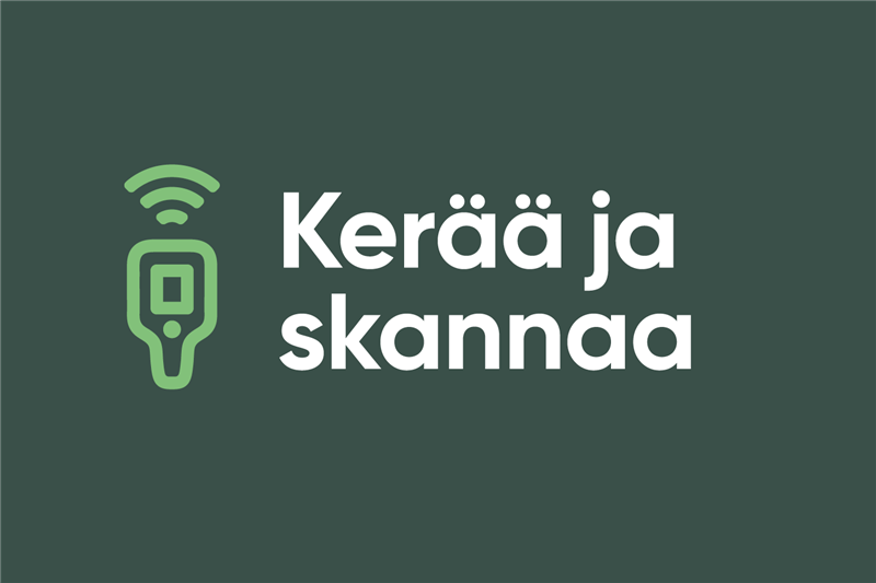 Kerää ja skannaa -teksti vihreällä pohjalla ja kuva skannerista.