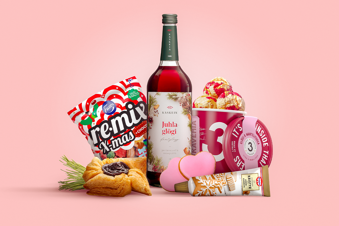 Jouluisia herkkuja vaaleanpunaisella taustalla: glögipullo, karkkipussi, jäätelöä, leivonnainen ja piparkakkusydän.