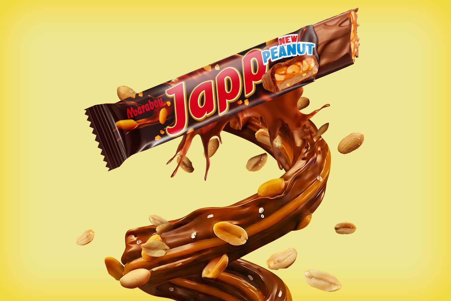 Marabou Japp Peanut -suklaapatukka lentää ilmassa sulan suklaan ja maapähkinöiden ympäröimänä keltaisella taustalla.