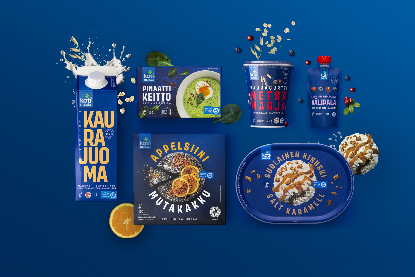 Kotimaista-tuotteita sekä tuotteisiin liittyviä raaka-aineita aseteltuina sinistä taustaa vasten. 