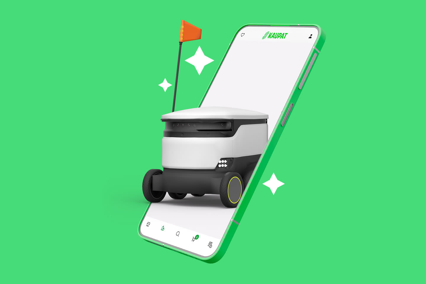 Valkoinen kuljetusrobotti näkyy älypuhelimen näytöllä S-kaupat-sovelluksessa vihreällä taustalla.