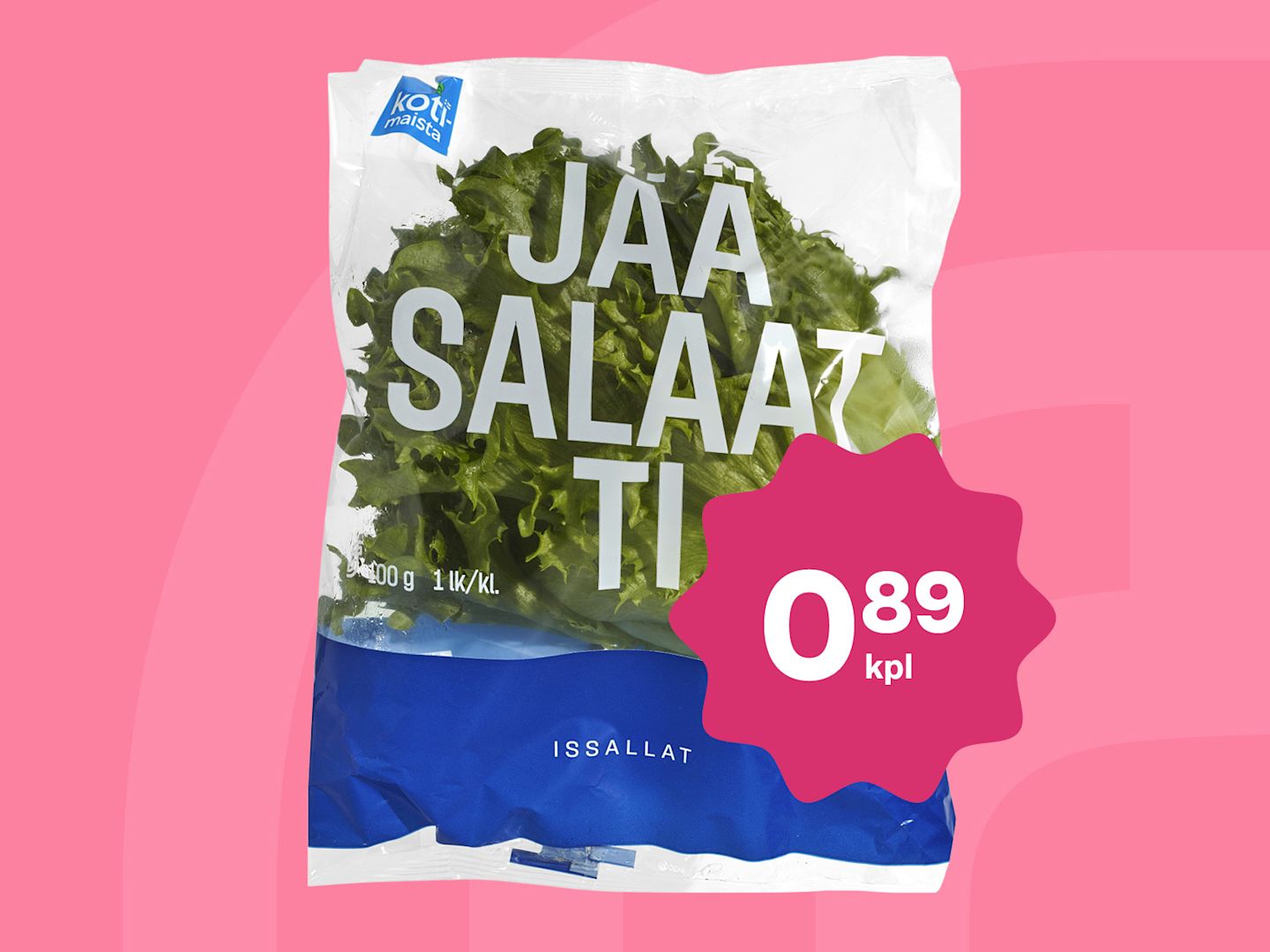 Kotimaista jääsalaattipussi vaaleanpunaisella taustalla, hintamerkintä 0,89 euroa kappaleelta.