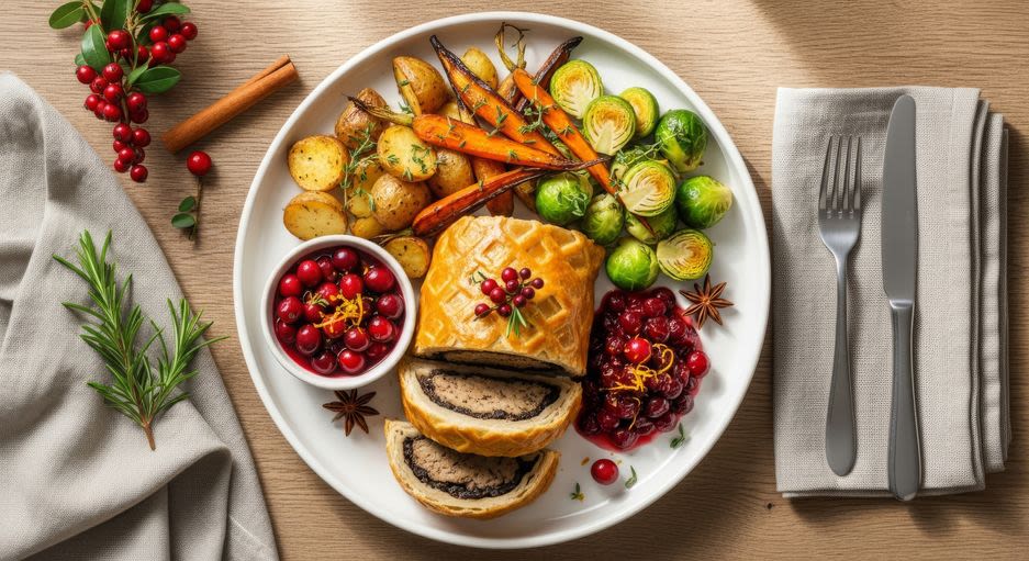 Herkullinen vegaaninen juhla-ateria valkoisella lautasella: leikattua vegaanista wellington-paistia, paahdettuja vihanneksia ja puolukkakastiketta.