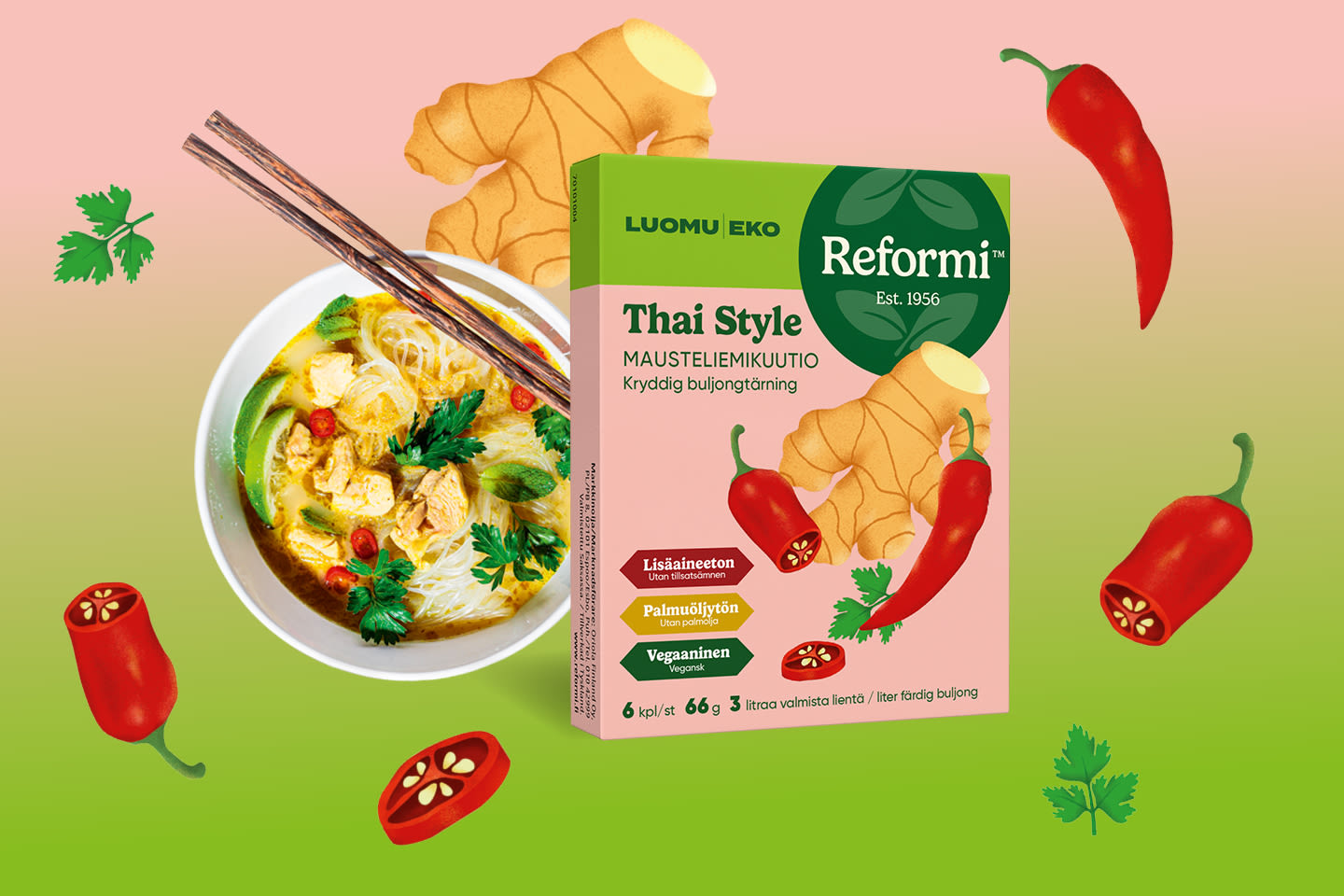 Reformi Thai Style -mausteliemikuutiopakkaus vihreä-vaaleanpunaisella taustalla, vieressä kulho thaikeittoa sekä chili- ja inkivääripiirroksia.