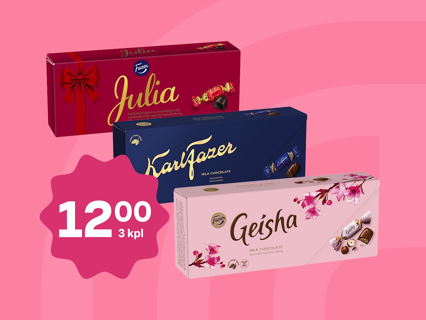 Fazerin suklaarasiat Julia, Karl Fazer ja Geisha vaaleanpunaisella taustalla, tarjoushinta 12€ kolmelle rasialle.