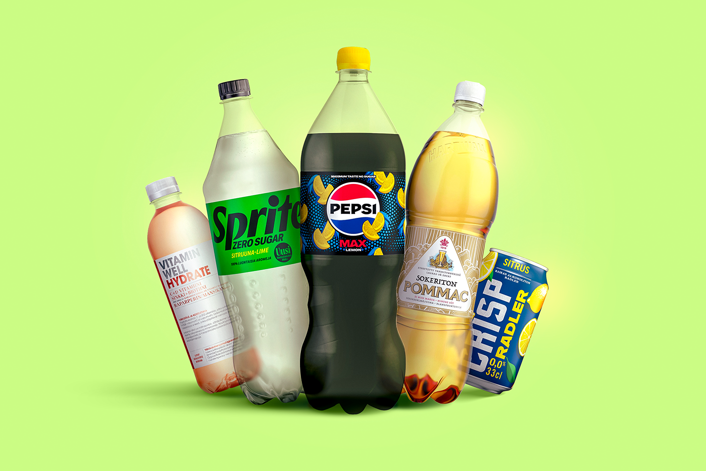 Virkistäviä juomavaihtoehtoja vihreällä taustalla: Vitamin Well, Sprite Zero, Pepsi Max, Sokeriton Pommac ja Crisp-tölkki.