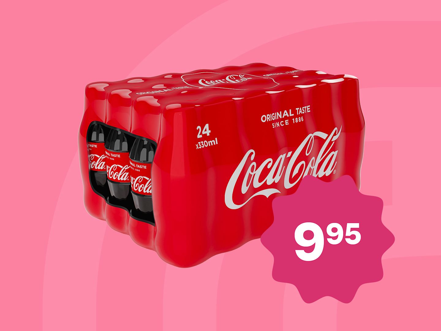 Coca-Cola 24 pullon pakkaus vaaleanpunaisella taustalla, hintamerkintä 9,95 € pinkissä tähtikuviossa.