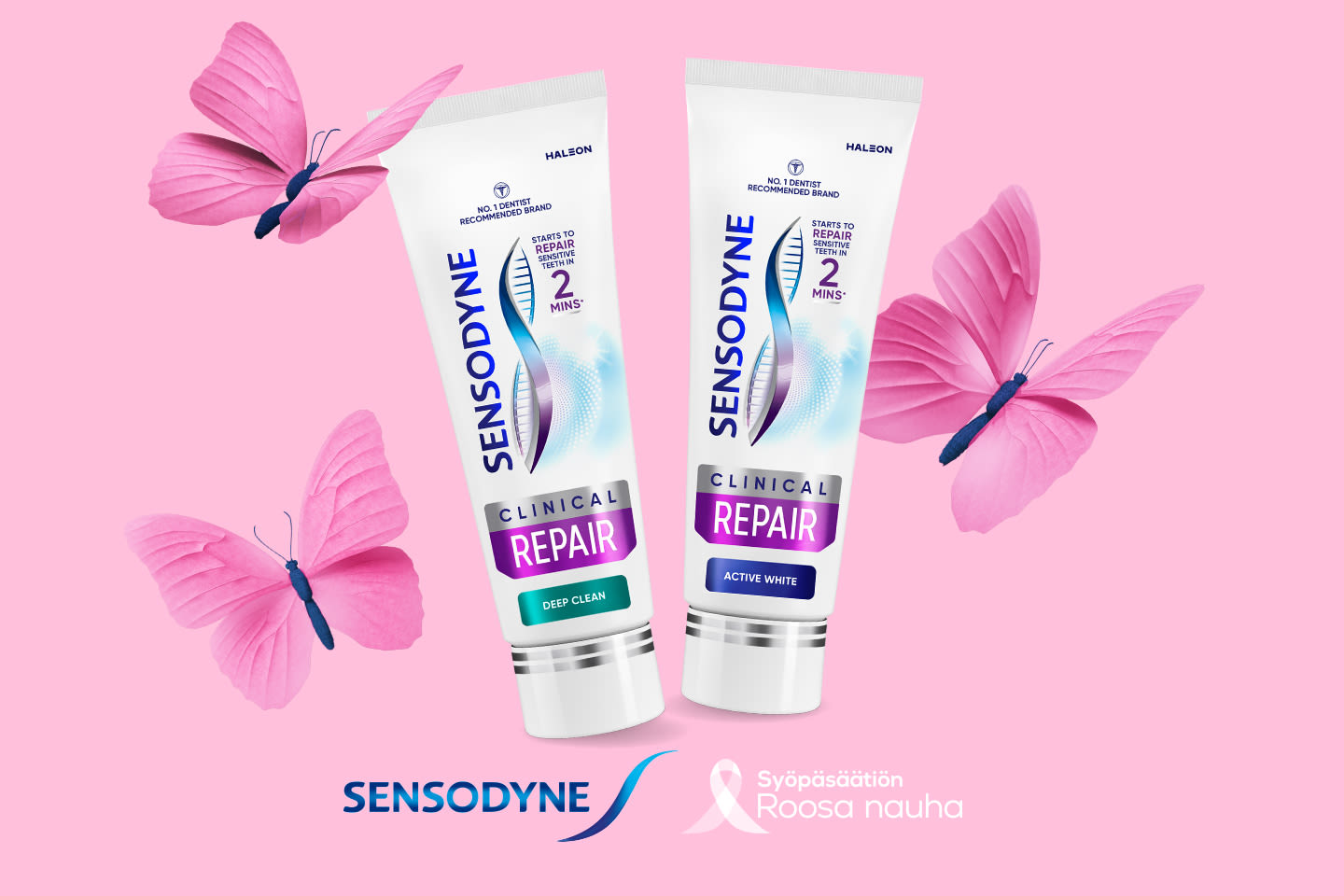 Kaksi Sensodyne Clinical Repair -hammastahnaa vaaleanpunaisella taustalla, ympärillä pinkkejä perhosia, Sensodyne- ja Roosa nauha -logot.