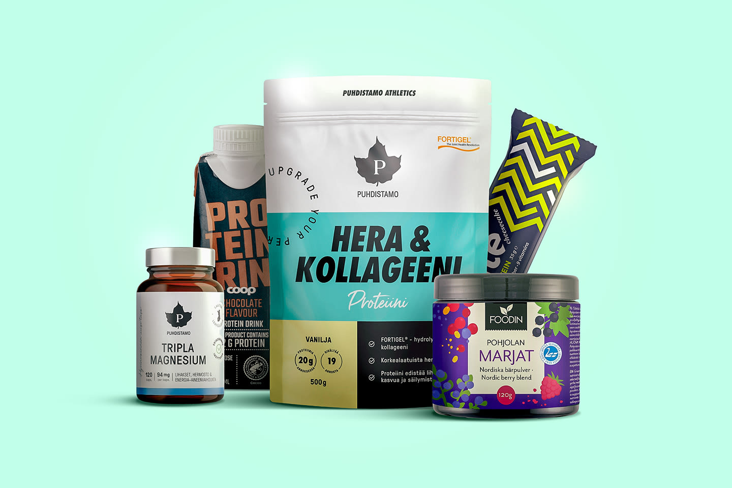 Valikoima urheiluravinteita, kuten Puhdistamon hera-kollageeniproteiinia, magnesiumia, marjajauhetta ja proteiinipatukka.