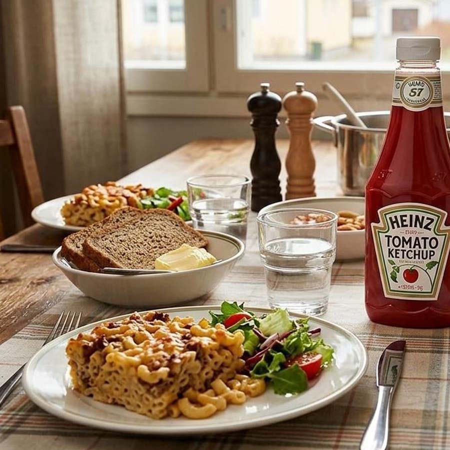 Katetulla ruokapöydällä on makaronilaatikkoa, salaattia, leipää ja pullo Heinz-ketsuppia.