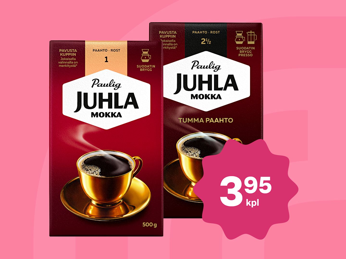 Paulig Juhla Mokka -kahvipakkauksia vaalean- ja tummapaahtoista pinkillä taustalla, tarjoushinta 3,95 € kappale.