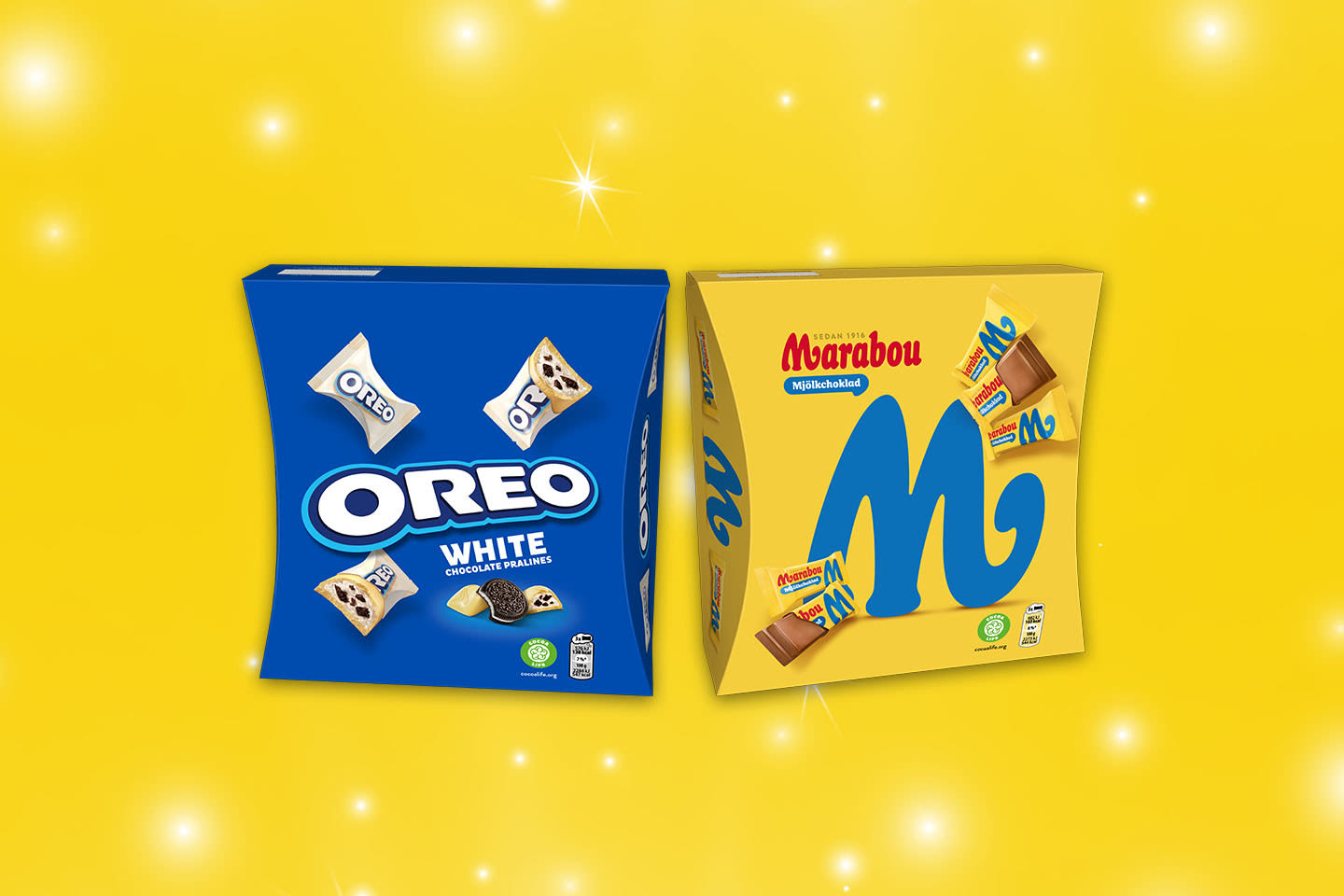 Oreo White -suklaakonvehtirasia ja Marabou-maitosuklaarasia vierekkäin keltaisella, kimaltavalla taustalla.