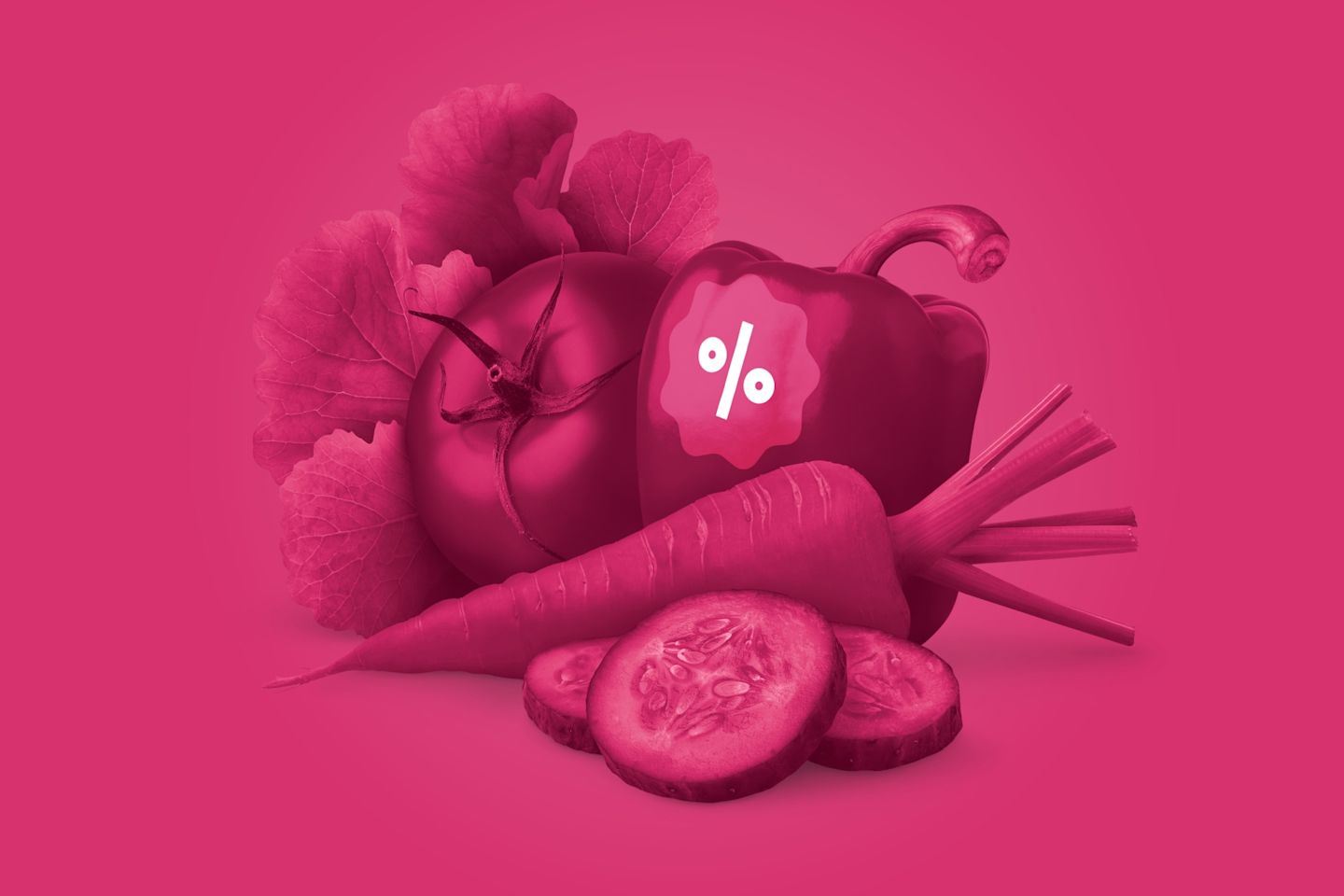 Pinkkisävyinen kuva vihanneksista – tomaatti, paprika, porkkana, kurkku ja lehtikaali – paprikassa prosenttimerkki-tarra.