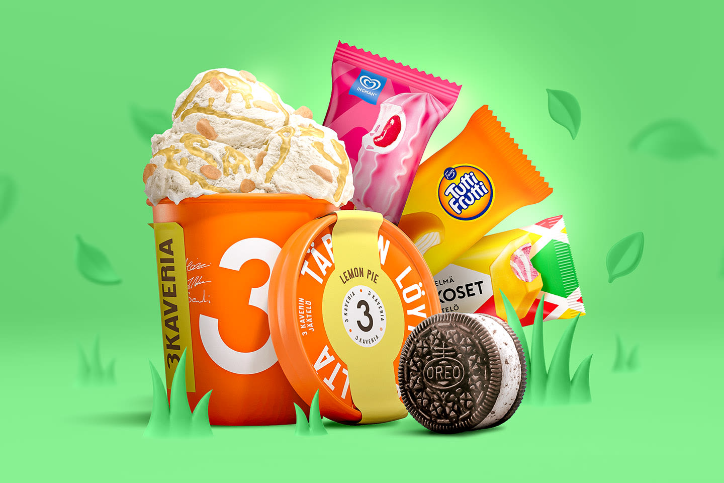 Vihreällä taustalla joukko herkkuja: 3 Kaveria -jäätelöpurkki, Ingman-jäätelö, Tutti Frutti, Aakkoset-jäätelö ja Oreo-keksijäätelö.