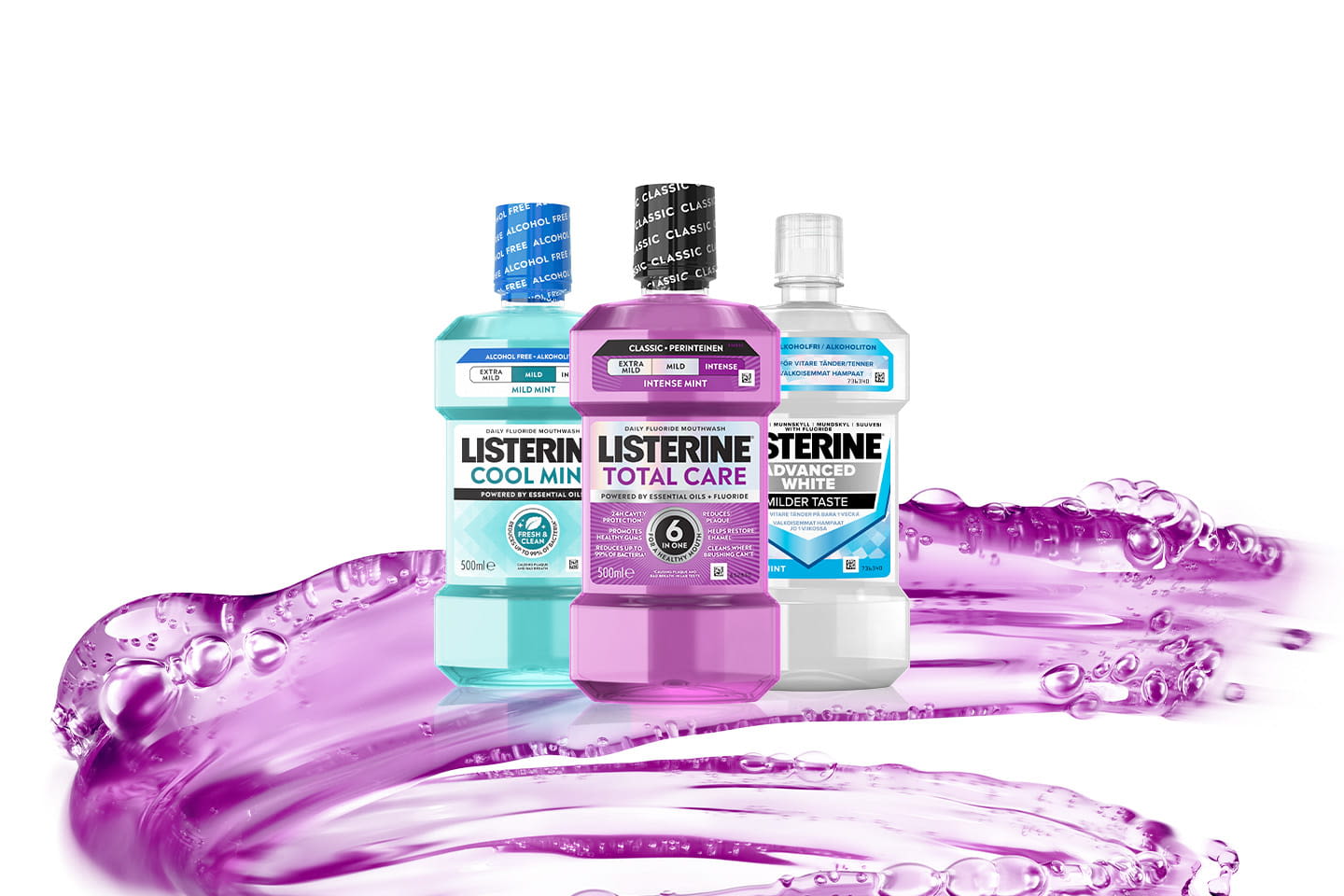 Kolme Listerine-suuvesipulloa – Cool Mint, Total Care ja Advanced White. Taustalla violetti kuvio vedestä valkoisella pohjalla.