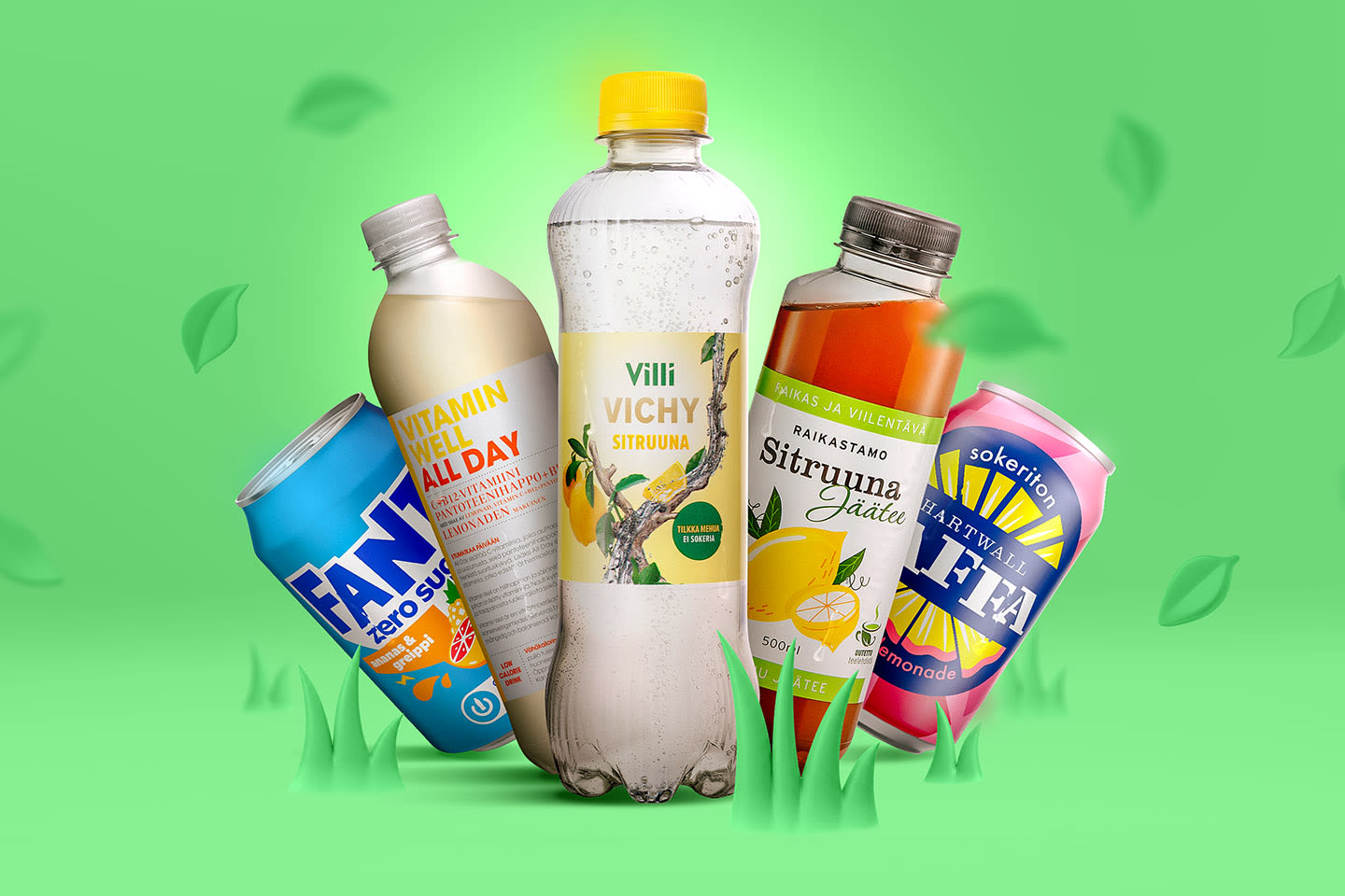 Viisi erilaista virvoitusjuomaa vihreällä taustalla: Fanta, Vitamin Well, Villi Vichy, sitruunajäätee ja Hartwall Jaffa.