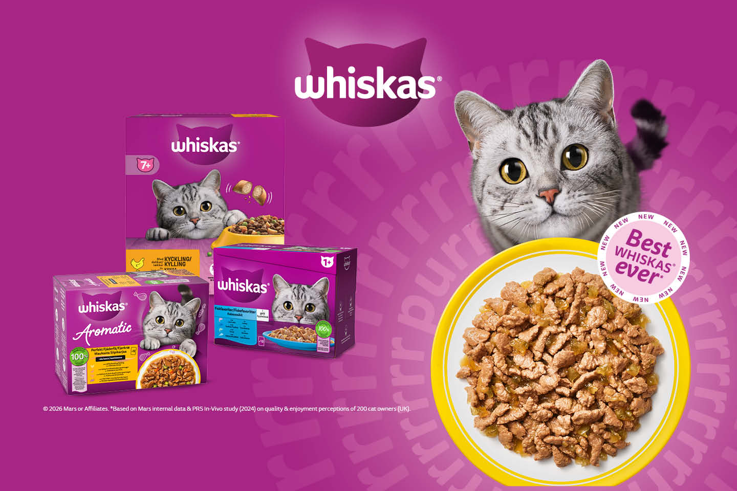 Whiskas-kissanruokapakkauksia, annos kissanruokaa lautasella ja harmaa raidallinen kissa violetilla taustalla, jossa Whiskas-logo