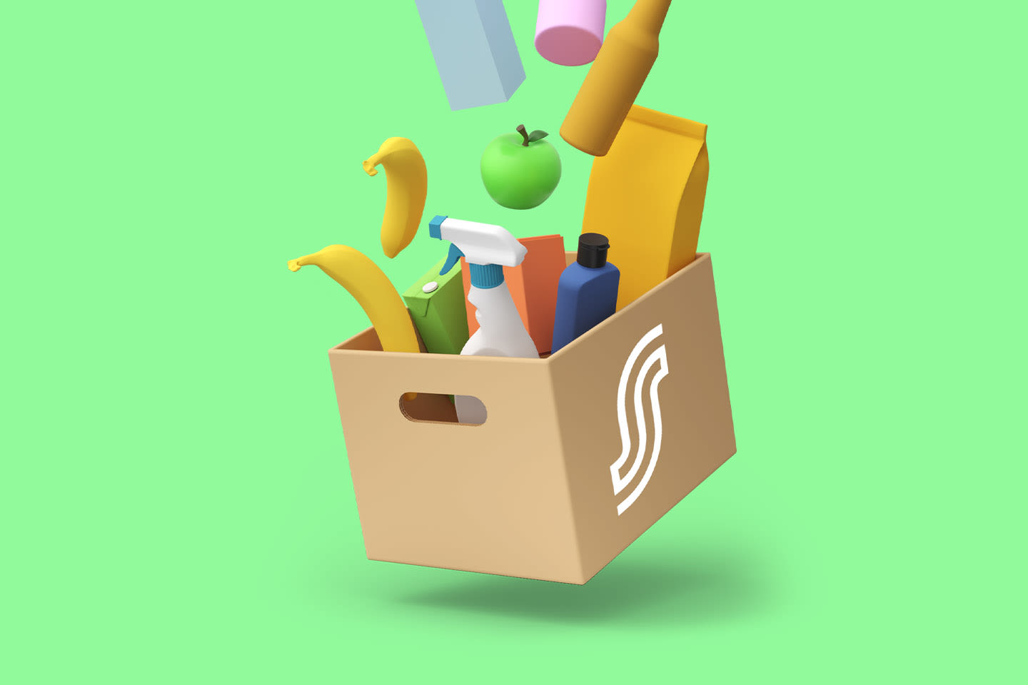 Ruskeaan ostoskassiin putoilee värikkäitä tuotteita kuten banaaneja, omena, puhdistussuihke ja pakkauksia vihreällä taustalla.