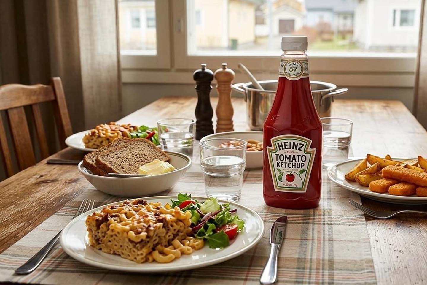 Katettu ruokapöytä, jolla makaronilaatikkoa, salaattia, leipää ja iso pullo Heinz-ketsuppia.