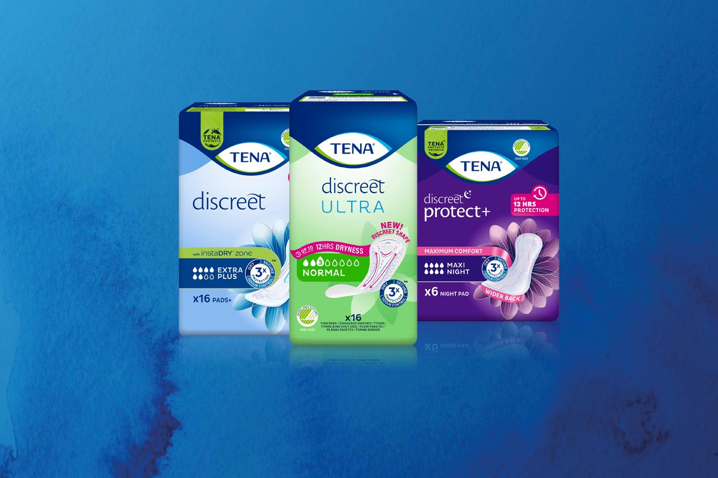 Kolme TENA Discreet -inkontinenssisuojapakkausta sinisellä taustalla: Extra Plus, Ultra Normal ja Protect+ Maxi Night.