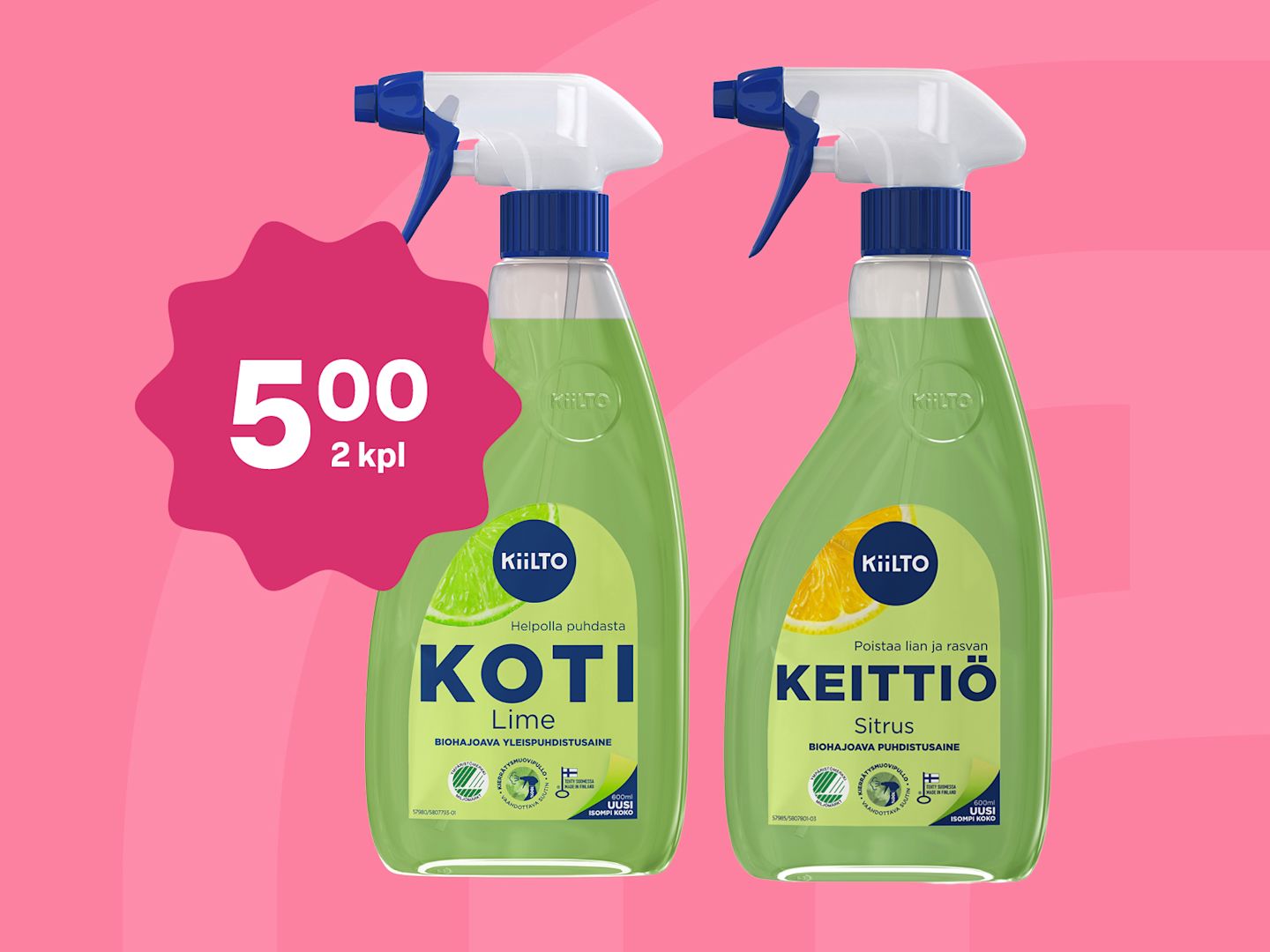 Kaksi Kiilto-puhdistussuihketta vihreissä pulloissa, lime- ja sitrustuoksut, pinkillä taustalla ja 5€/2kpl tarjousmerkintä.