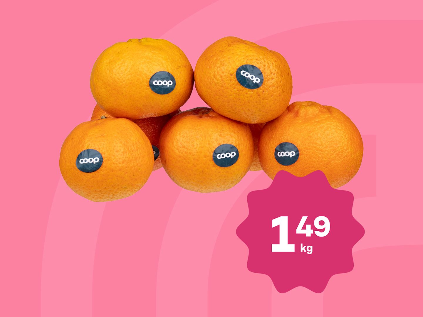 Mehukkaita Coop-appelsiineja pinkkiä taustaa vasten, hintamerkintä 1,49 €/kg pinkissä tähtikuviossa.