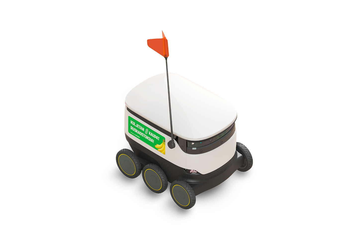 Pieni valkoinen S-kaupat-kuljetusrobotti, jossa on vihreä tarra ja oranssi lippu päällä.