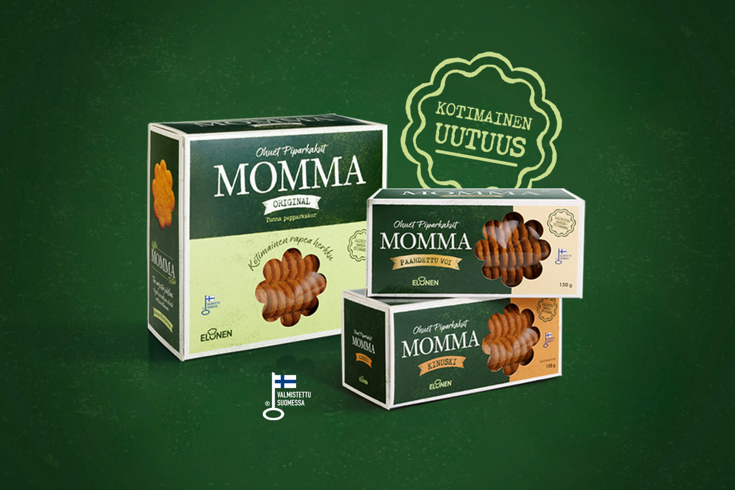 Uudet Momma-piparkakkupakkaukset vihreällä taustalla – kotimainen uutuus kolmessa eri maussa Suomessa valmistettuna.