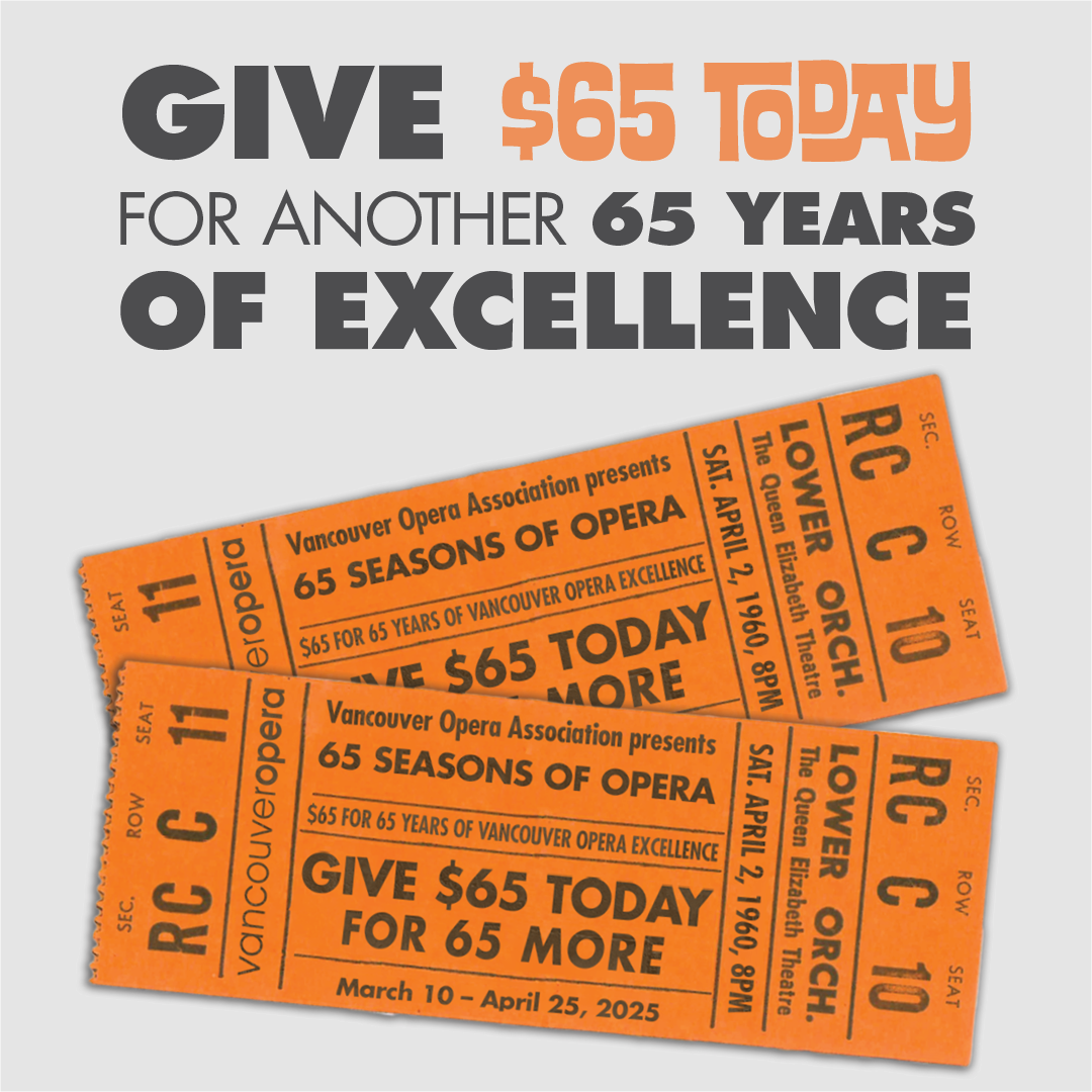 Give $65 Today for Another 65 Years of Excellence. Image shows text with two orange admission tickets. 