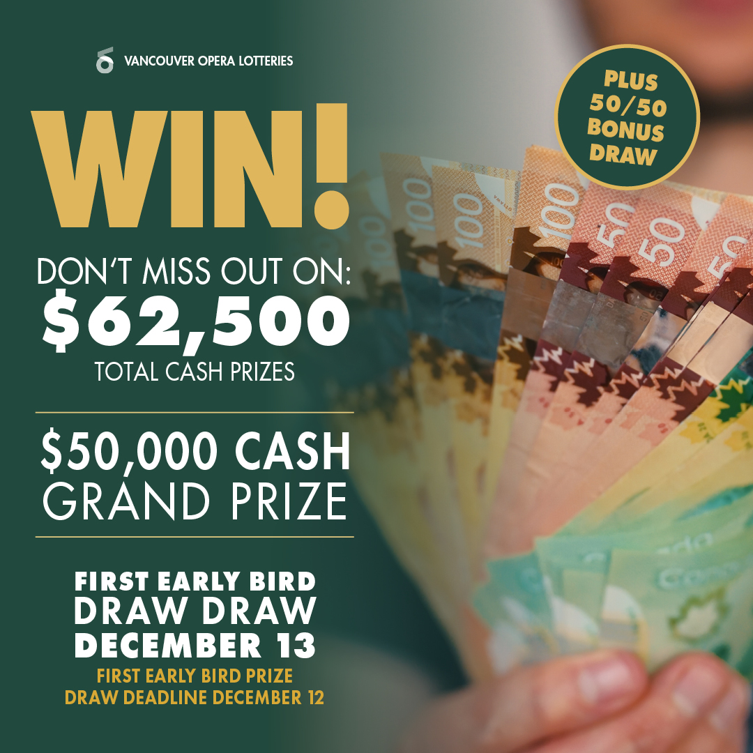 VO Lottery Graphic. $62,500 total cash prizes. $50,000 Grand Prize. First Early Bird Draw is December 13. 