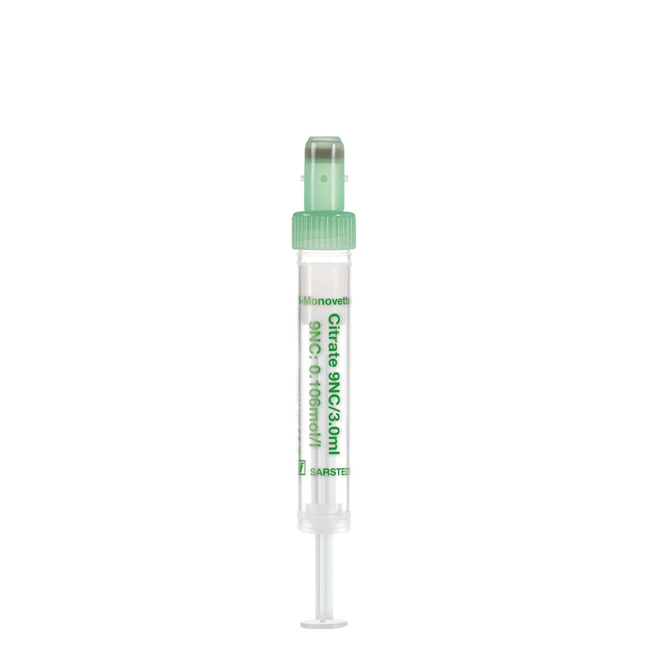 S-Monovette® クエン酸塩 9NC 0.106 mol/l 3.2, 3 ml, キャップ 緑, (LxØ)： 66 x 11 mm, プラスチックラベル付き